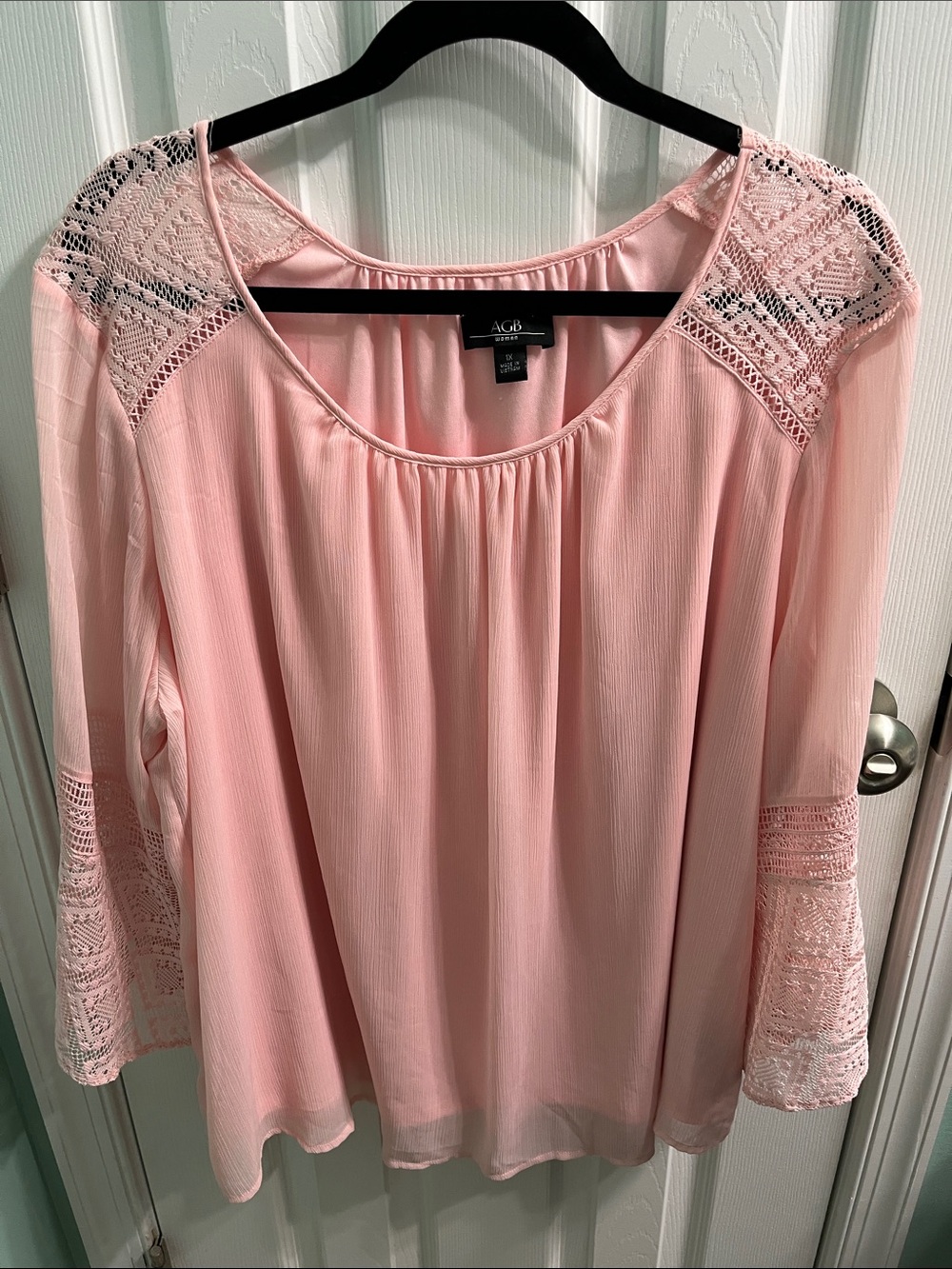 AGB Light Pink Lace Yoke Flowing Peasant Top